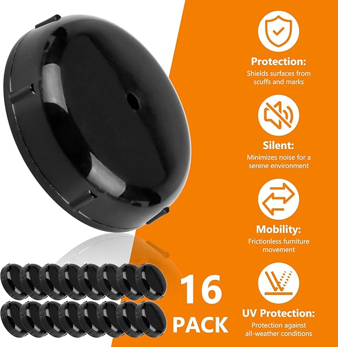 16-Pack Wrought Iron Patio Furniture Feet Caps 1-1/2 inch Round Plastic Outdoor Chair Leg Caps, PETOX Patio Chair Leg Caps for Metal Chairs, Patio Furniture Replacement Feet for Chairs & Tables, Black