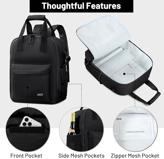 MIER Backpack Cooler 24 Cans Insulated Soft Cooler Bag with Detachable Double Decker Leakproof Lightweight Lunch Back Pack Women Men for Work Travel Picnic, Black