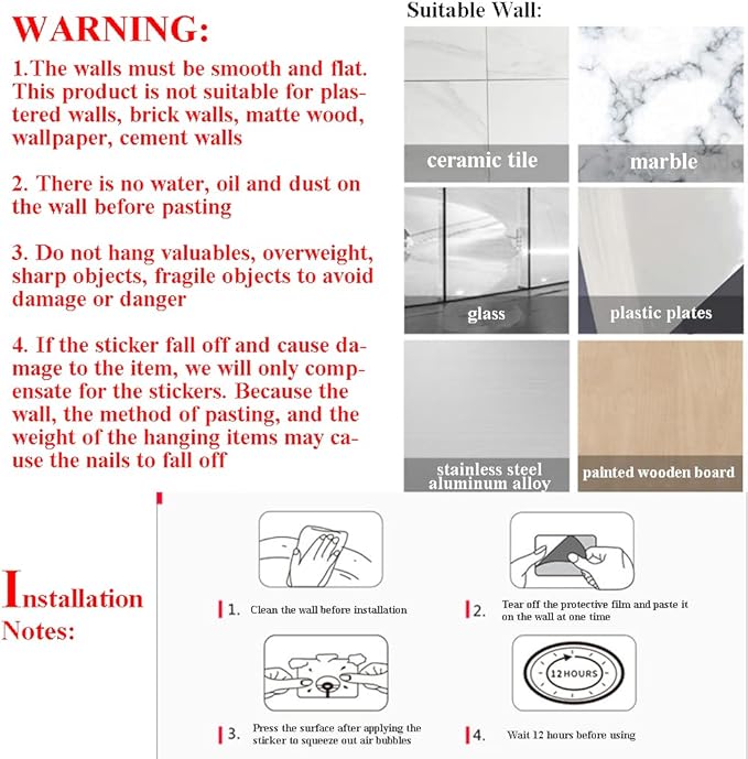 12 PCS Wall Mounted Replacement Sticky Pads for Kitchen Bathroom Shower Caddy Organizer Rack Holder Nail Free Adhesive Hooks (Claw Shape)