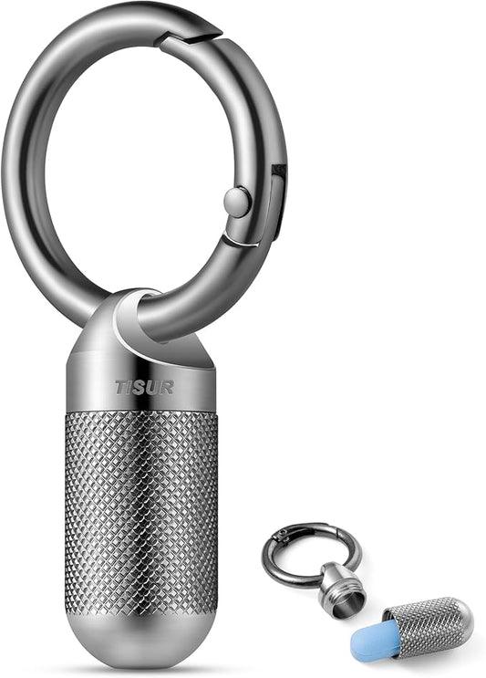 TISUR Titanium Keychain Pill Holder Small Metal Pill Case, Pill Organizer Portable Waterproof Pill Container, Travel Pill Bottle Box for Purse (Tiny-0.39inch)