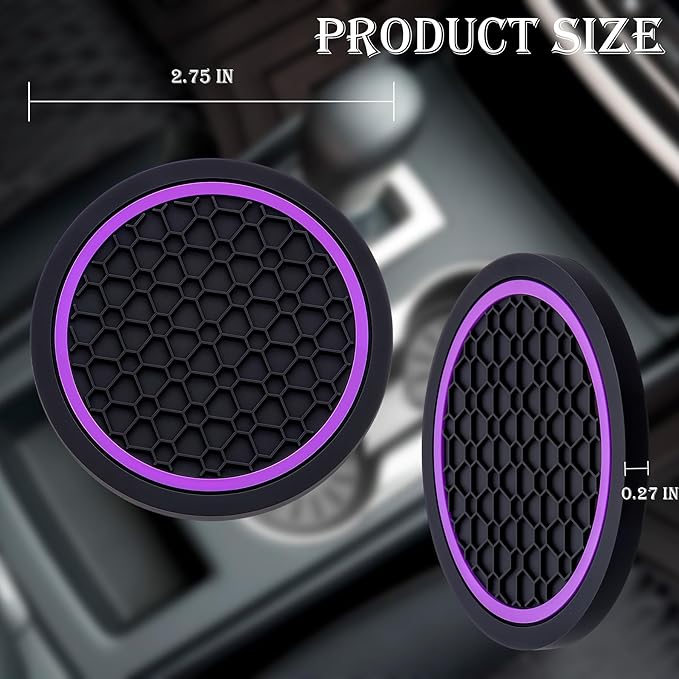 2-Piece Anti-Slip Car Cup Coaster Set – 2.75 Inch Auto Insert Drink Mats, Perfect for Coffee & Beverages – Stylish Interior Decor for Women & Girls (Black & Purple)