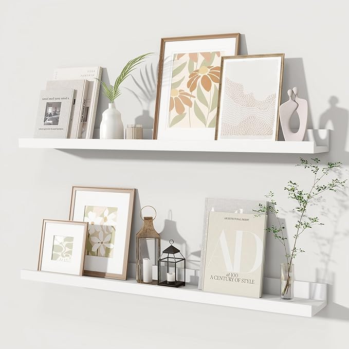 Fun Memories Picture Ledge Shelves Set of 2, 32 Inch Rustic Wall Mounted Floating Shelves with Lip for Home Storage and Decor in Bathroom, Kitchen, Nursery, Bedroom, Living Room, White