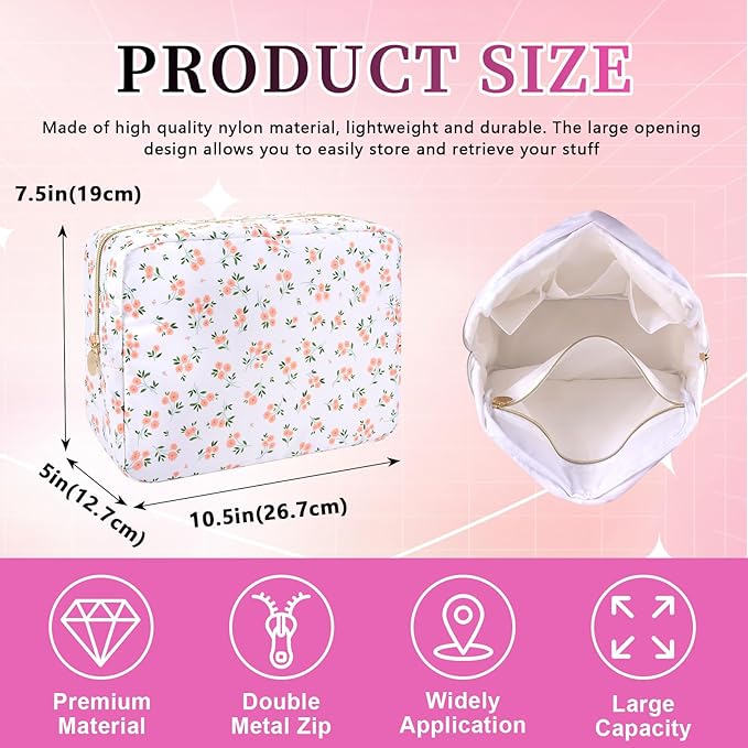 Waterproof Nylon Large Makeup Bag Travel Pouch, Floral Preppy Big Cosmetic Bag Make Up Organizer Toiletry Bag with Zipper, Large Capacity Cute Zipper Pouch Storage Bag for Women Girls(Pink Flower)
