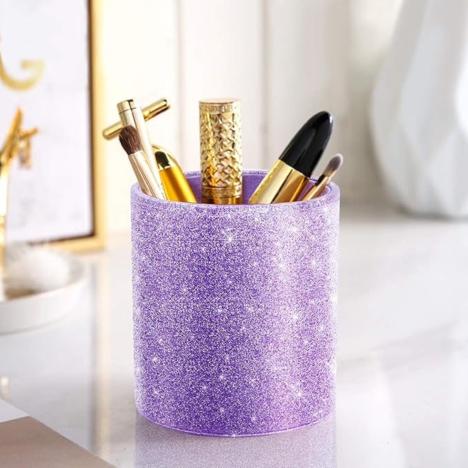 WAVEYU Pen Holder for Women Girls, Pencil Cup Desk Glitter Sturdy Makeup Brush Holder Large Pu Leather Luxury Multi-Functional Organizer Cup for Office, Classroom, Home, Purple