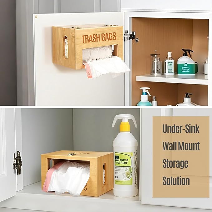 Libreshine Bamboo Garbage Bag Holder, Multi-Mount Space-Saving Trash Bag Organizer for Kitchen, Pantry, Holds 8-33 Gallon Rolls & 50+ Grocery Bags, Under-Sink/Wall-Mounted/Cabinet Storage