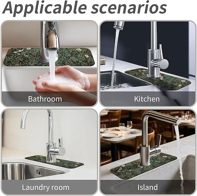 Kitchen Sink Splash Guard，Dark green forest Faucet Mat Sink Gadgets-Super Absorbent Fast Drying Mat Drip Catcher for Kitchen, Bathroom,Sink Mat, Dish Drying Mat, Bathroom(15" X 5.5" )