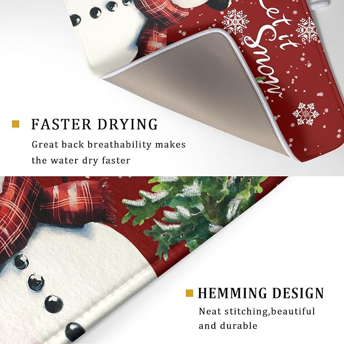 Winter Snowflake Red Dish Drying Mat for Kitchen Counter,Xmas Trees Snowman Cardinal Bird Drying Mat 18 x 24 Inch with High Absorbent Microfiber Drainer Mat for Coffee Bar