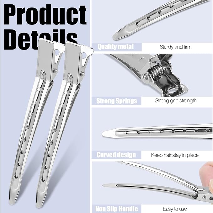 YGDZ Duck Billed Clips, 30pcs 3.5 Inch Metal Alligator Curl Hair Clips with Holes for Styling, Coloring, Thick Hair Rollers, Salon Use, Silver