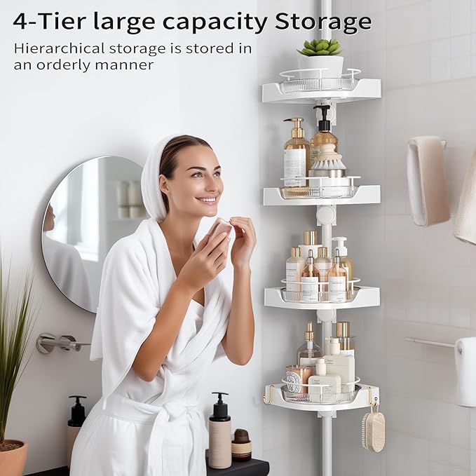 360° Rotating Shower Caddy Tension Pole, 4 Tiers Corner Shower Organizer for Bathroom Shelf Bathtub, Adjustable Standing Shower Rack Bathroom Accessories, Easily Assemble, 34-124 Inch Height, White