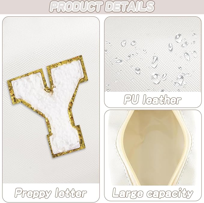 Gifts for Girls Initial Makeup Bag Personalized Cosmetic Bag with Zipper Cute Travel Toiletry Bags Waterproof PU Preppy Makeup Pouch Birthday Gift for Teen Girls Women(White Y)