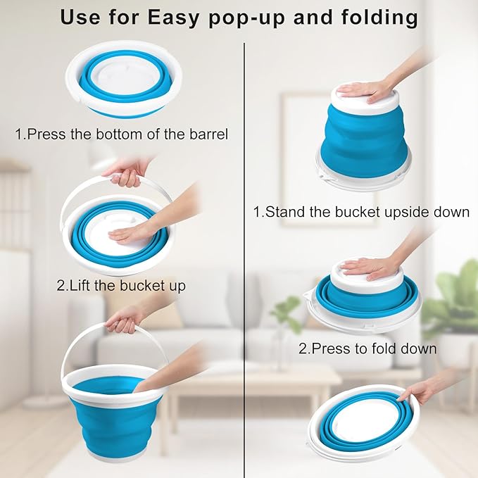 10L Collapsible Mop Bucket with Handle for Cleaning, Portable Car Wash Bucket Garden Cleaning Supplies, Ice Buckets for Parties Camping Fishing, Foldable Wash Basin Tub RV Accessories Household Use
