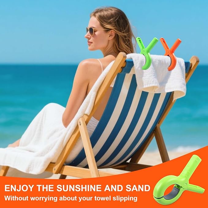 12 Pack Beach Towel Clips for Beach Chairs, Large Towel Clips for Beach Chairs Pool Chairs on Cruise, Windproof Plastic Clothes Pins Heavy Duty Outdoor 6 Colors