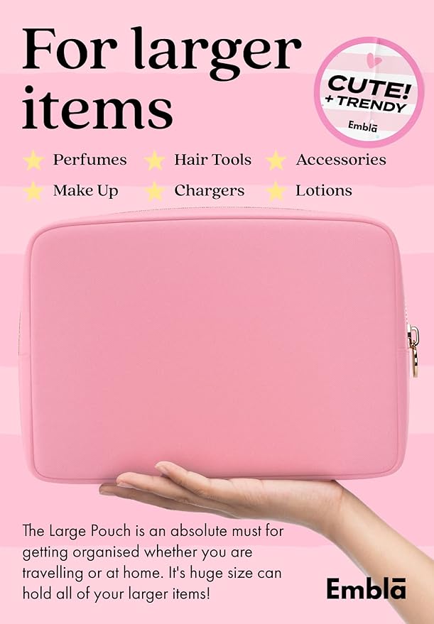 Embla Makeup Bag Travel Cosmetics Pouch and Toiletry Bag, Nylon Zipper Pouch Purse, Cute Make Up Organizer Storage Tote for Women Girls, Travel Skincare Case, Large Makeup Bags, Flamingo Pink