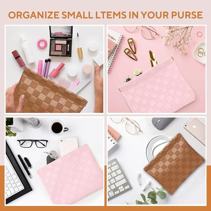 2-Pack Small Waterproof Checkered Makeup Bag - Portable Leather Travel Toiletry Bag Organizer with Snap Closure, Aesthetic Travel Storage Pouches for Women's cosmetic bag for purse (Pink&Brown)