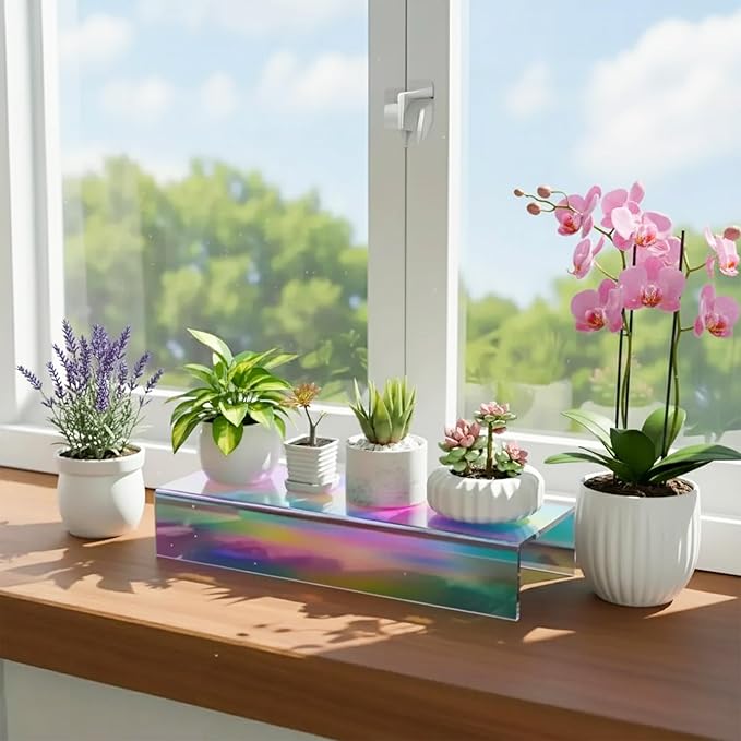 Acrylic Shelf Riser 12x4.3x2 pack of 2, Iridescent Display Shelf 12” for Shoes, Glasses, Plants, Home Decors, Perfume, 12x4.3x2 Inch