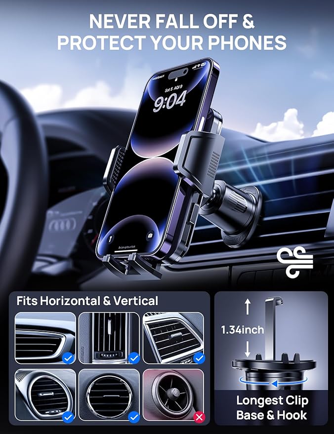 [2025 New] Car Vent Phone Mount, [Upgrade Hook Clip Never Shake] Adjustable 360 Rotation Vent Clip Car Phone Holder Mount, Big Phone & Thick Case Friendly Fit for All iPhone, Samsung & Cell Phone