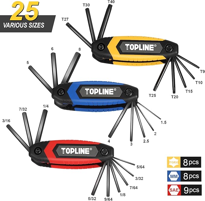 Topline 25-piece Folding Hex Key Set, 3 Pack, Portable Allen Wrenches Sets, SAE, Metric, Allen Key Set for Basic Home Repair and General Applications