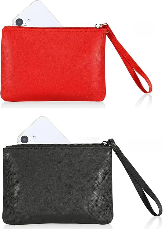2 Pack Small Zipper Pouch Mini Makeup Bag for Purse Lipstick Cosmetic Travel Make Up Organizer for Women Essentials Feminine Products, Car Change Coin Holder 8x5 Phone Wristlet Wallet, Black Red