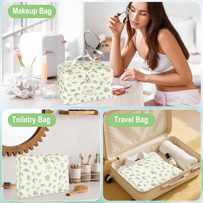 3Pcs Makeup Bag Quilted Cotton Cosmetic Bags for Women Large Small Blue Makeup Pouch Set Cute Coquette Floral Travel Bags Portable Skincare Toiletry Bag Vintage Puffy Essential Organizer