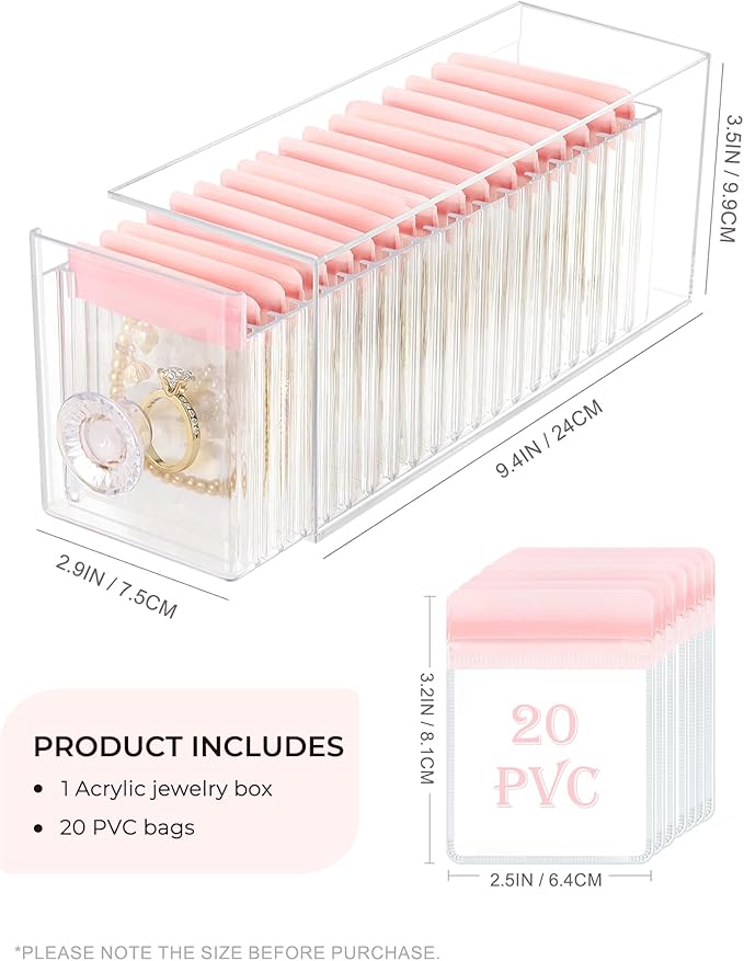 Clear Acrylic Jewelry Organizer Box with 20 Portable Pouches, Jewelry Storage Case for Women Girls, Tangle-Free, Anti-Tarnish, Compact Storage for Necklaces/Earrings/Rings, Upgraded Pink