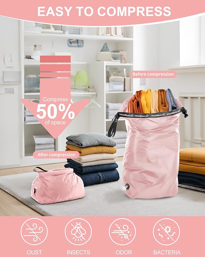Travel Laundry Bag, Pump Free Vacuum Storage Bag Reusable Compression Dirty Clothes Travel Bag Waterproof Wet Dry Bags Large Capacity Space Saver Bags Camp Clothes Organizer (1 Pc)(Pink, M)