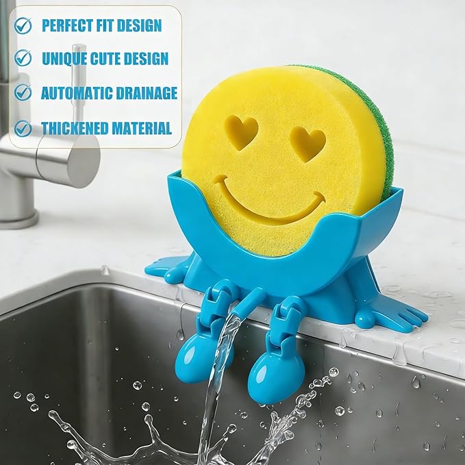Cute Hanging Sponge Holder with Drainage, 3D Printed Kitchen Funny Sponge Stand for Sink, with Non-Slip Pads, Suitable for Scrub Daddy Holder, Keeps Your Sponge Dry and Smiling (Blue)