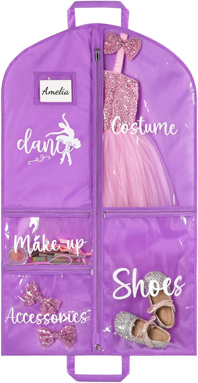DEEKA Dance Garment Bag for Hanging Clothes with Zipper Pockets Dance Accessories Essentials Uniform Costume 40 Inch Dress Bags for Dance Competition Girls (Purple,White-Dance)