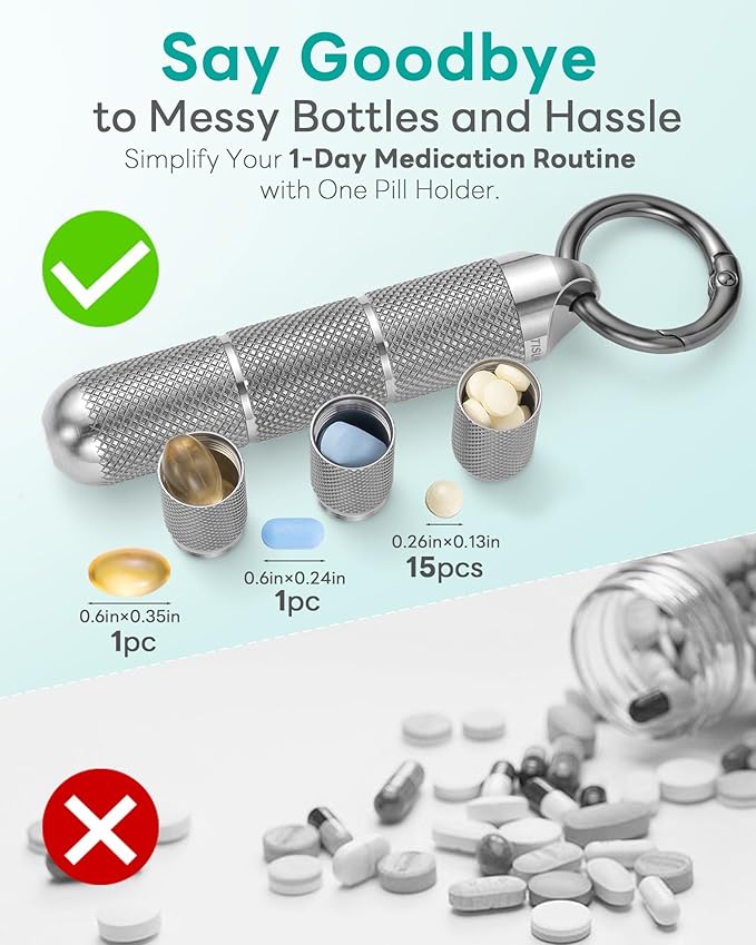 TISUR Titanium Keychain Pill Holder Small Metal Pill Case, Pill Organizer Portable Waterproof Pill Container, Travel Pill Bottle Box for Purse (Small-0.51in 3 Separate Compartments)
