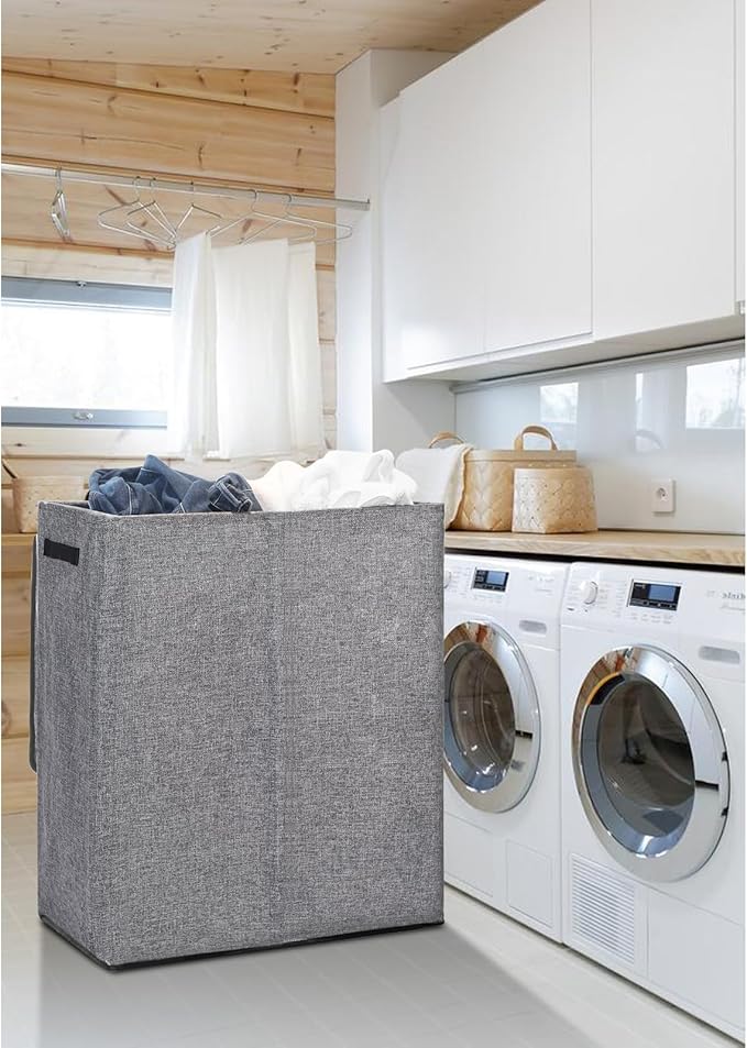 DOKEHOM 150L Double Laundry Basket with Lid and Removable Laundry Bags, Large Collapsible Laundry Hamper with 2 Sections for Bedroom, Bathroom, Laundry Room, College (Grey)