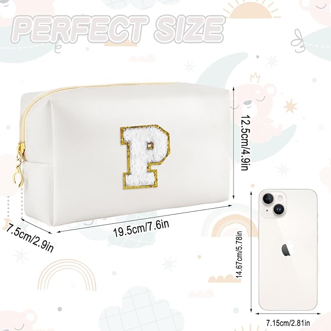 Gifts for Girls Initial Makeup Bag Personalized Cosmetic Bag with Zipper Cute Travel Toiletry Bags Waterproof PU Preppy Makeup Pouch Birthday Gift for Teen Girls Women(White P)