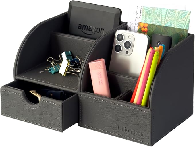UnionBasic Desk Organizer, Multi-functional Leather Desktop Office Organizer, Pen Holder - Business Card/Pen/Pencil/Mobile Phone/Stationery Holder Storage Box, Taiga Dark Grey