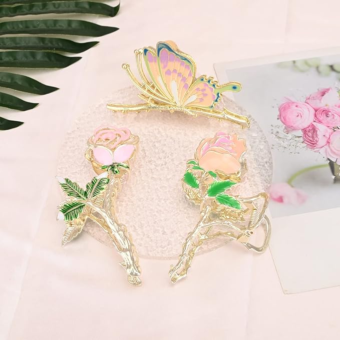 3-Piece Floral Metal Hair Accessories: Butterfly Chinese Rose Claw Clips for Thin/Medium Thick Hair, Elegant Barrettes With Strong Hold and Non-Slip Cute Catch Clamps