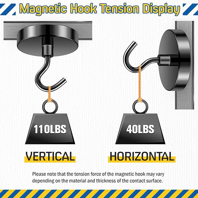 FINDMAG Black Magnetic Hooks, 110lbs Heavy Duty Magnetic Hooks for Hanging, Extra Strong Magnet Hooks, N52 Magnet Hooks for Cruise Cabins, Travel, 6 Pack