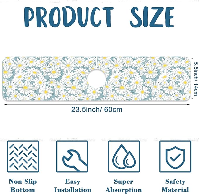White Flower Sink Faucet Absorbing Mat Cute Chamomile Super Absorbent Fast Drying Mat Sink Gadgets Behind Faucet Sinkmat for Kitchen Bathroom, 23.5"x5.5"