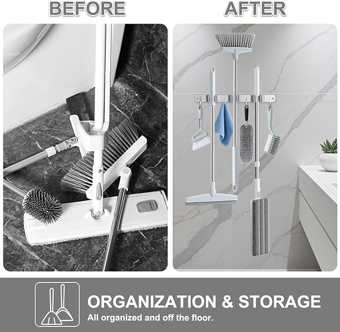 HANZENMA Broom Holder Wall Mount, Broom Organizer Wall Mount Stainless Steel Broom and Mop Hanger Heavy Duty Storage Organization for Home Kitchen Garden Garage Room 3 Racks 4 Hooks Grey