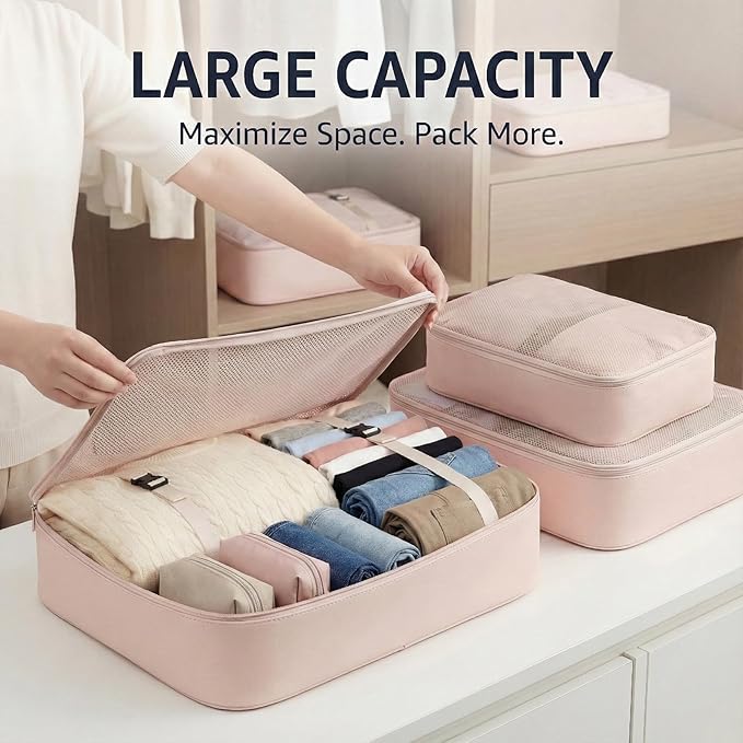 8 Set Packing Cubes for Travel with Clear Toiletry Bag, Durable Luggage Packing Organizers, Carry-On Accessories, TSA Approved See-Through Cubes, Space-Saving Storage Bags, Gifts for Women
