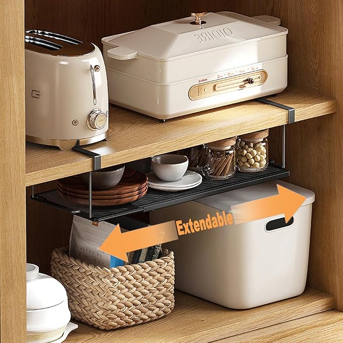 1 Pack Expandable Under Cabinet Shelf, Under Shelf Basket with 0.94 Inches Thick Clips for Kitchen Cupboard, Metal Hanging Under Desk Basket for Laundry Room, Cabinet, Shoe Rack