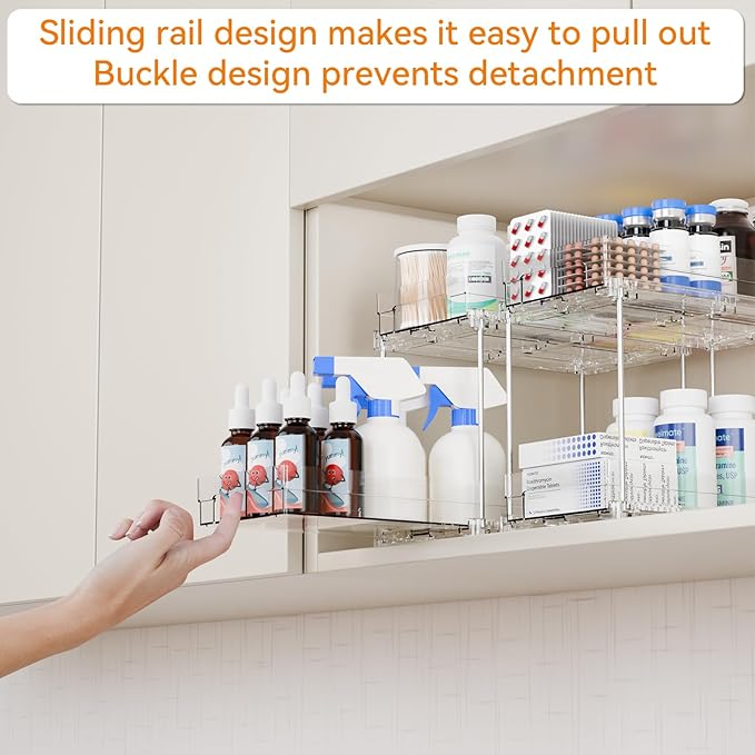 Yieach 4 Set Clear Pull Out Bathroom Organizers and Storage, 2 Tier Under Sink Organizer and Medicine Cabinet Organizer, Small Slide Out Drawers for Pantry, Under Cabinet, Kitchen Storage and Organization