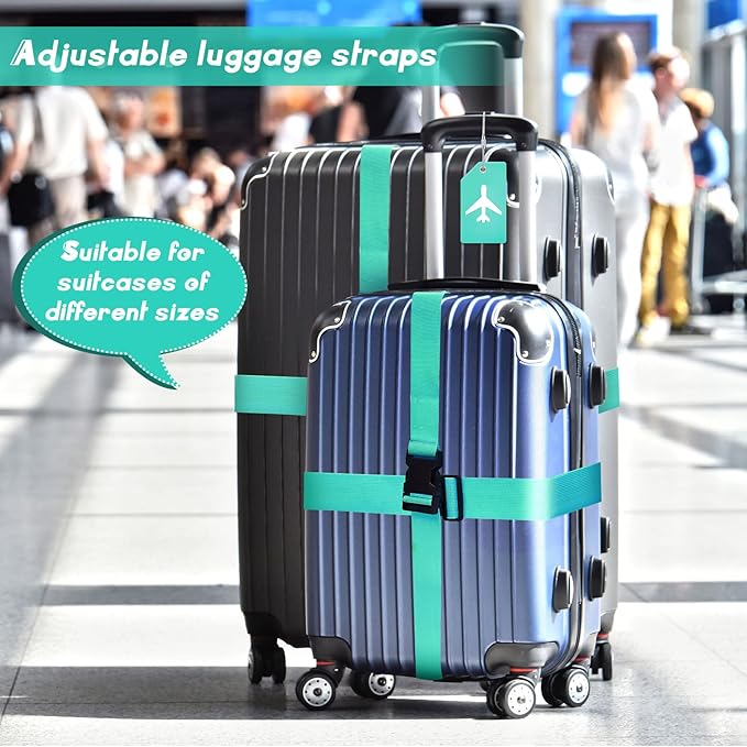 Weewooday 8 Pcs Luggage Straps Suitcase Tags Set for TSA Approved, 4 Travel Adjustable Suitcase Belt, 4 Silicone Luggage Tags with Name ID Card Travel Accessories(Turquoise,Airplane)