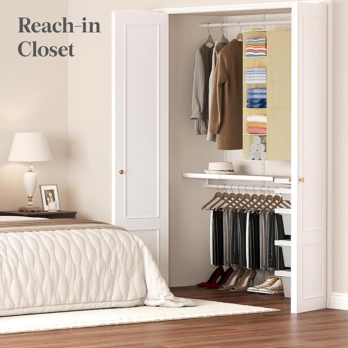 Lifewit 5 Tier Hanging Closet Organizer and Storage for Shelves, Foldable Clothes Storage Shelf with 2 Sturdy Hooks for Clothing Organization, Dorm Room Essentials for Guys, Beige