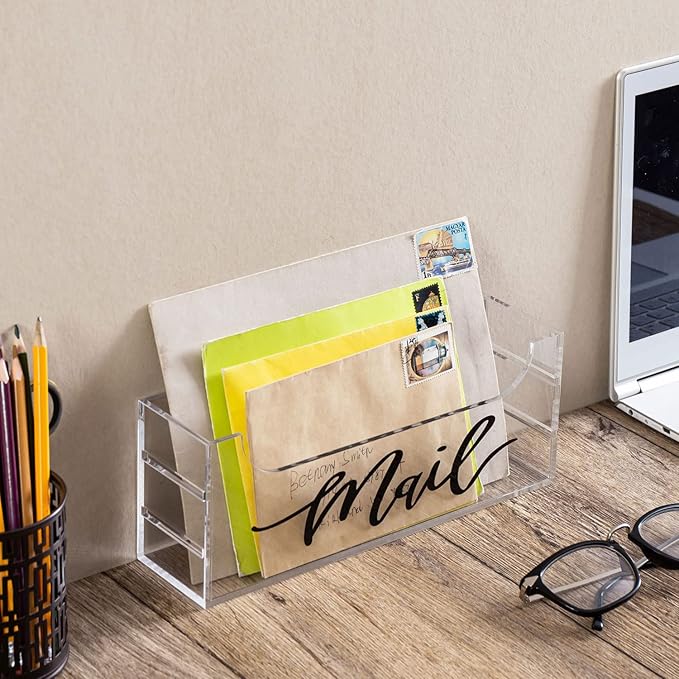 MyGift Premium Clear Acrylic Mail Holder with Decorative Black Cursive Mail Label, Modern Wall Mounted or Tabletop Mailbox, Letter Storage Organizer Box