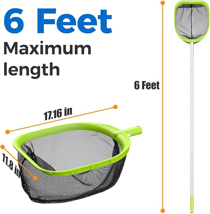 Mowend 【Upgrade】 Pool Net Total Length 6 Feet, Swimming Pool Skimmer Net with 6 Section Telescopic Aluminum Pole for Fast Cleaning Ponds, Hot Tub, and Spas, Pool Cleaner Supplies and Accessories