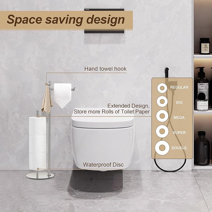 BVL Toilet Paper Holder Stand in Brushed Nickel, SUS304 Stainless Steel, Weighted Base, Holds 5 Jumbo Rolls, Waterproof Pad, Space-Saving Modern Bathroom Storage with Built-in Hook