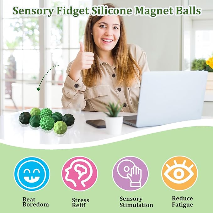 8PCS Sensory Fidget Balls For Adults & Teens, Magnetic Attraction Stress Balls With Silicone Shell-To Calm Restless Hands and Anxious Mind, Quiet Desk Fidget Toys for Office Travel Toys Gift (Green,8)