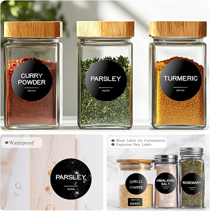 245 Spice Jar Labels - Round Preprinted Minimalist Waterproof Stickers for Kitchen Jars, Herb & Seasoning Labels for Pantry Organization (Black)