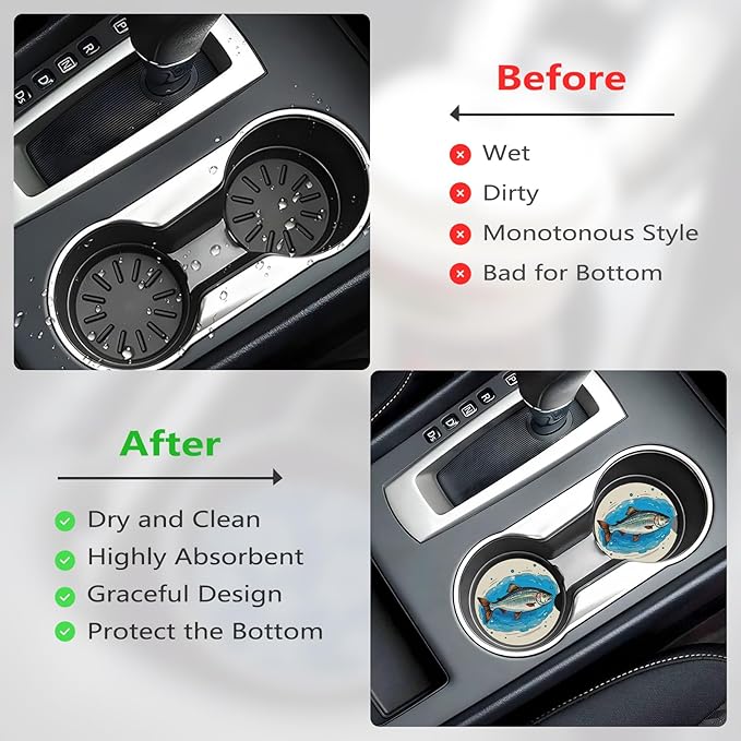 Car Cup Holder Coasters, 2 Pcs Ceramic Coasters with Cork Back and Finger Slot, Anti-Slip Shock Absorbing Women and Men Universal Car Accessories - Salted Fish