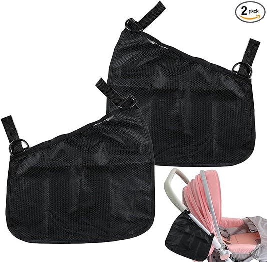 2PCS Universal Side Sling Stroller Cargo Net, Portable Storage Mesh Bag, Stroller Storage Organizer Bag, Non-Slip and Adjustable Straps Side Sling Mesh Organizer (Black)
