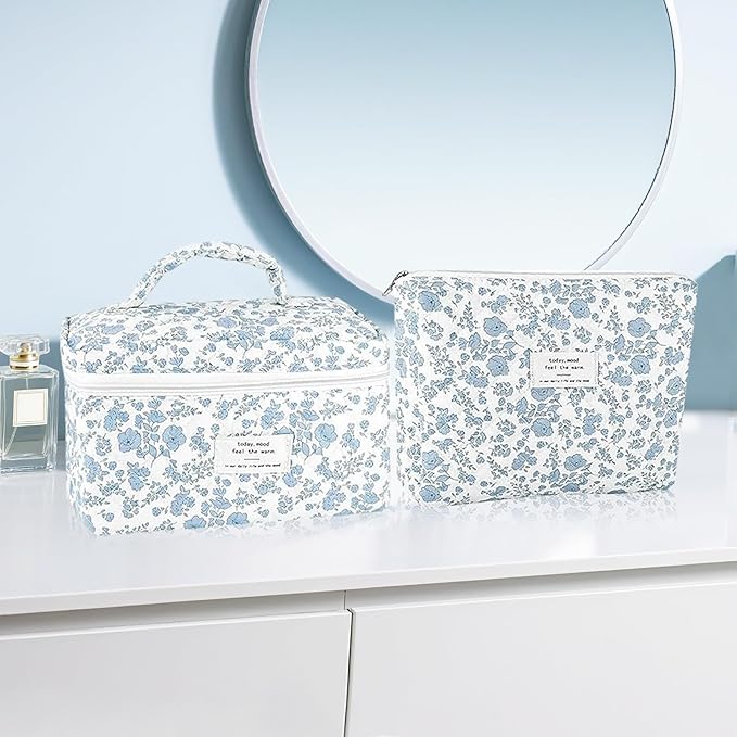 2Pcs Cotton Quilted Makeup Bag for Women Extra Large Small Travel Cosmetic Bag Set Cute Blue Floral Print Makeup Pouch Portable Toiletry Bag Organizer Coquette Vintage Puffy Travel Essential