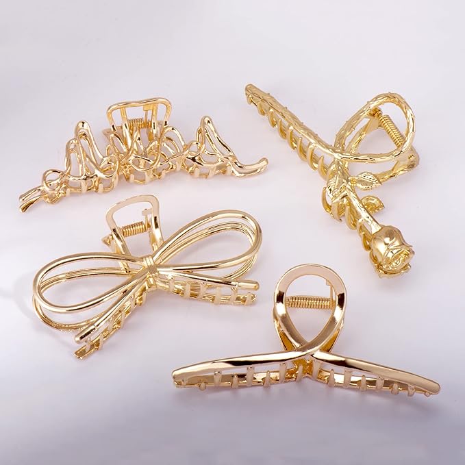 4 Pack Large Metal Hair Clips for Thin to Thick Curly Hair, 4.3 Inch Big Nonslip Gold Color Clamps, Perfect Fashion Jaw Claw Hair Styling Accessories for Women and Girls, Christmas Gifts