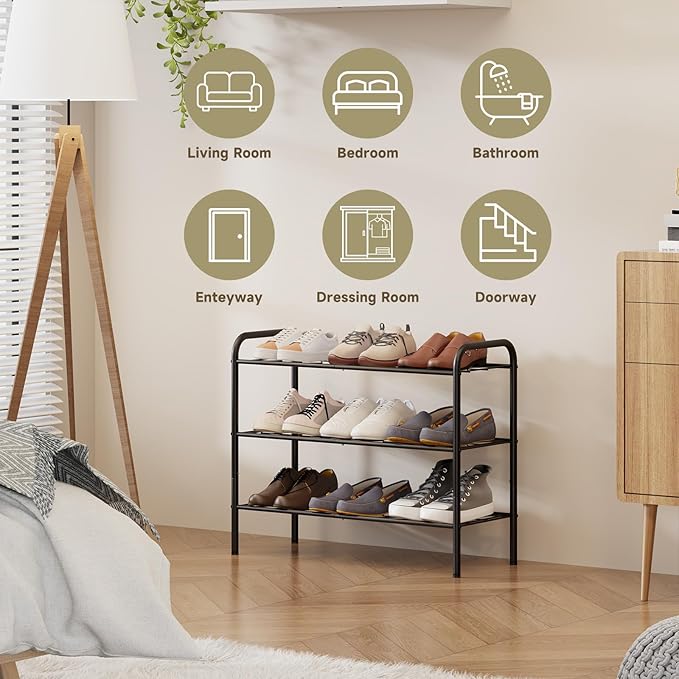 3-Tier Metal Shoe Rack, Free Standing Shoe Storage Rack for Entryway, Closet and Hallway (Black, 3-Tier-Short)